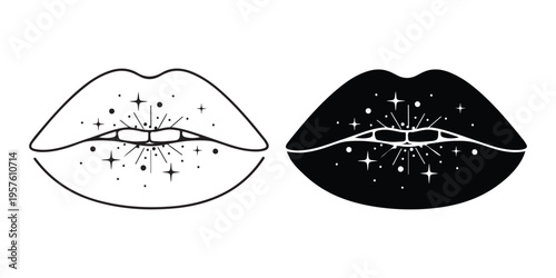 Artistic depiction of lips with celestial star and sparkle details in black and white vector graphics