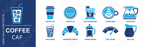 Coffee cafe drinks icon set. Containing coffee cup, coffee lid, coffee machine, coffee mug, coffee pot, cold drink, croissant, french press, milk jug and more. Solid fill vector icons.