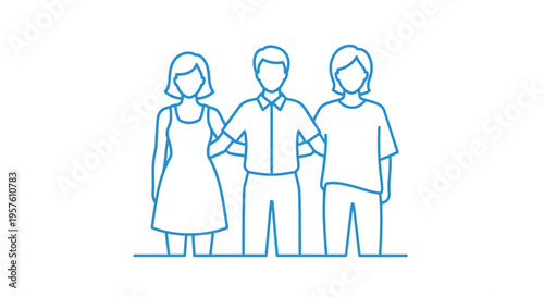 Simple line drawing depicting three people standing closely together arms linked high quality professional detailed modern