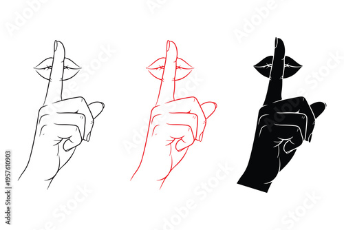 Illustration of three hands with lips gesturing for silence in black red and outline variations isolated on white background