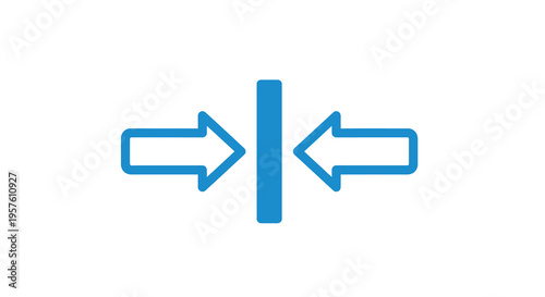 A minimalist blue graphic depicts two opposing arrows flanking a central vertical bar high quality professional