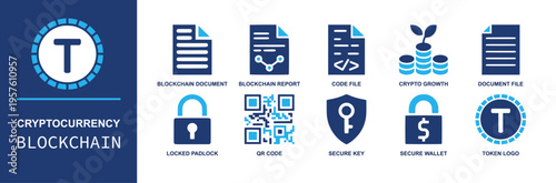 Cryptocurrency blockchain icon set. Containing blockchain report, code file, crypto growth, document, padlock, QR code, key shield, wallet, token logo and more. Solid fill vector icons.