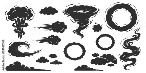Smoke, cloud, and wind cartoon effect set