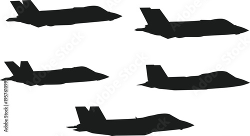 Silhouettes of modern fighter jets, stealth aircraft side views, military aviation, advanced air force planes, sleek combat jet vector illustration.