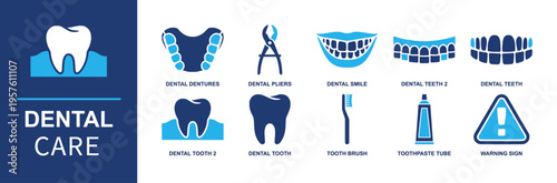 Dental care and oral hygiene icon set. Containing dentures, dental pliers, smile, teeth, tooth, toothbrush, toothpaste tube, warning sign, gum tooth and more. Solid fill vector icons.