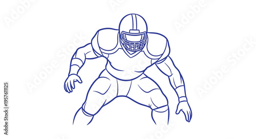 A blue line drawing depicts a football player in a low ready stance high quality professional