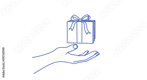 A hand offering a gift box tied with a bow depicted in a simple line drawing
