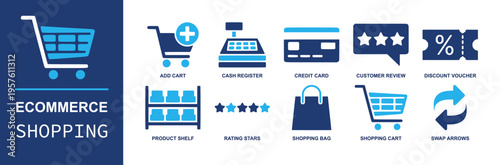 Ecommerce shopping icon set. Containing add cart, cash register, credit card, review, discount voucher, shelf, rating stars, shopping bag, swap arrows and more. Solid fill vector icons.