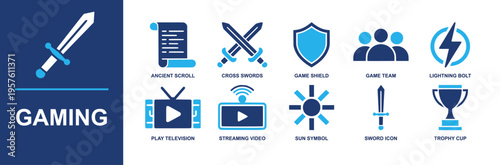 Gaming esports icon set containing ancient scroll, crossed swords, game shield, team, lightning bolt, streaming video, sword, trophy cup, play screen and more in solid fill vector style.