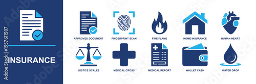 Insurance icon set. Containing approved document, fingerprint scan, fire, home insurance, heart, justice scales, medical cross, wallet cash, water drop and more. Solid fill vector icons.