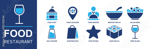 Food restaurant icon set. Containing food cart, food location, food server, mortar pestle, salad bowl, salt shaker, shopping bag, sushi rolls, wine glass and more. Solid fill vector icons.