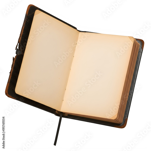 An open leather bound book with blank pages isolated on white background png
