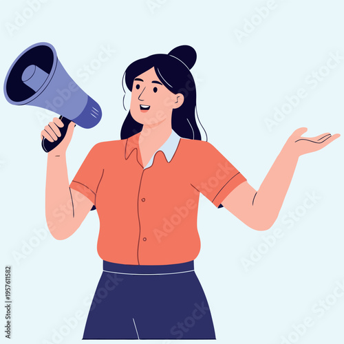 Woman with a megaphone cheerfully making an announcement or speaking to a crowd