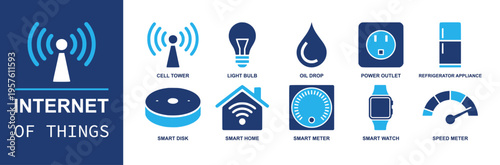 Internet of things icon set. Containing cell tower, light bulb, oil drop, power outlet, refrigerator, smart home, smart meter, smart watch, speed meter and more. Solid fill vector icons.