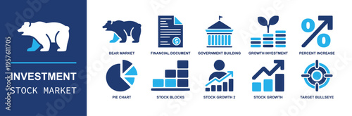 Investment stock market icon set. Containing bear market, report, capitol, growth, pie chart, stock blocks, stock rise, bullseye, percent increase and more. Solid fill vector icons.