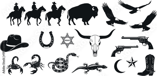 Wild, west, silhouettes, set, with, cowboy, horse, bison, eagle, skull, gun, hat, boot, snake, scorpion, sheriff, star, vector, illustration, isolated.Wild, west, silhouettes, ,  
