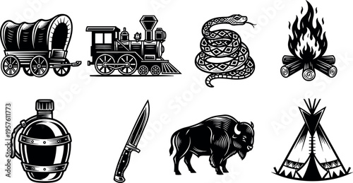 Wild, west, vintage, icons, set, with, wagon, train, snake, campfire, canteen, knife, bison, teepee, frontier, western, vector, illustration, isolated, white.