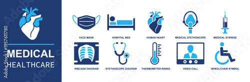 Medical healthcare icon set. Containing face mask, hospital bed, human heart, syringe, stethoscope, thermometer, video call, wheelchair, ribcage diagram and more. Solid fill vector icons.