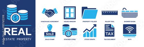 Real estate property icon set. Containing handshake agreement, window, property folder, ruler, shower basin, sold stamp, stacked coins, tax document, WiFi and more. Solid fill vector icons.