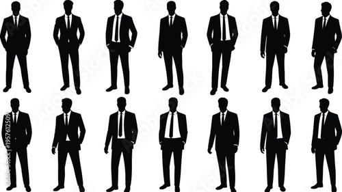 Silhouettes of men in suits, business professionals, formal attire poses, corporate style vector icons, office workers, smart casual illustrations