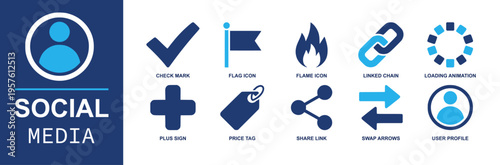 Social media icon set. Containing check mark, flag icon, flame icon, linked chain, loading animation, price tag, share link, swap arrows, user profile and more. Solid fill vector icons.
