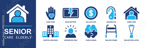 Elder care icon set. Containing care hand, hearing aid, home care, hospital building, puzzle brain, walker frame, walker rollator, assisted living and more. Solid fill vector icons.