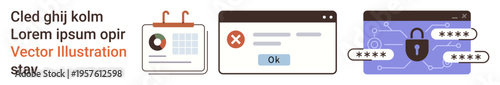 Cybersecurity, data protection, secure access, authentication, digital privacy, online security. A calendar, security warning and password interface. Cybersecurity and data protection concepts