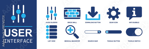 User interface icon set. Containing audio sliders, brick wall, download button, gear icon, info bubble, list view, search bar, toggle switch, settings and more. Solid fill vector icons.