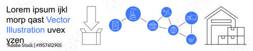 Supply chain, logistics, inventory management, shipping, delivery, warehouse operations. Visual flow of icons showing packaging, connected nodes and a warehouse. Supply chain and logistics concept