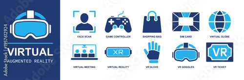 Virtual reality icon set. Containing face scan, game controller, shopping bag, SIM card, virtual globe, virtual meeting, XR headset, VR glove, VR ticket and more. Solid fill vector icons.