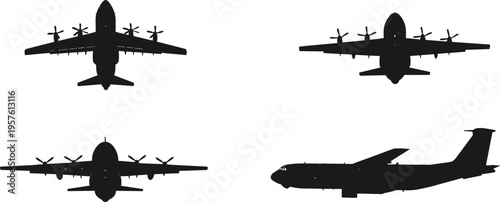 Silhouettes of military cargo planes, large transport aircraft, multiple views, tactical airplanes, heavy transport planes, vector aviation, airborne logistics, army aircraft