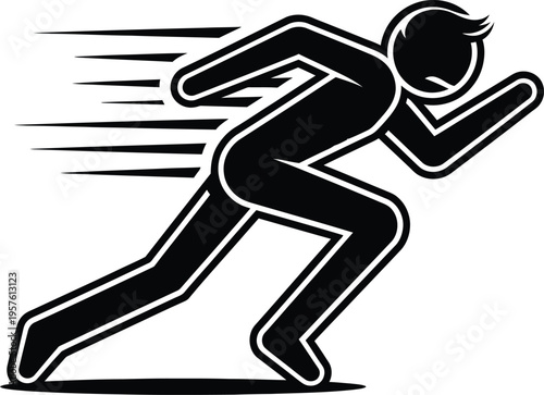 A stick figure illustration of a person running quickly to the right