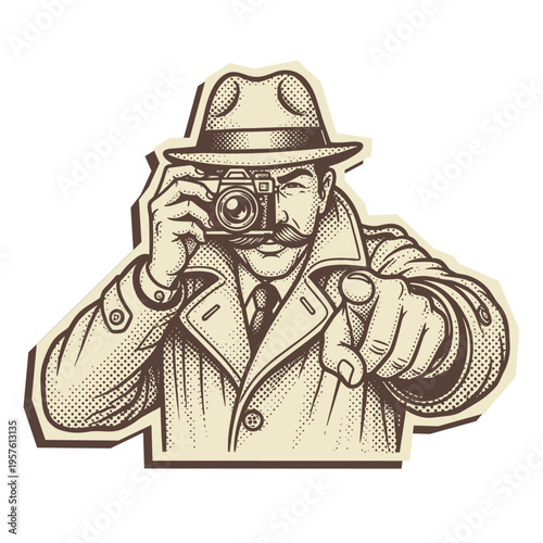 Detective Photographer with Camera in Vintage Halftone Style, Paparazzi Illustration