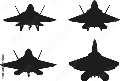 Silhouettes of military fighter jets from different angles, front and top views, tactical aircraft vector, air force aviation design.