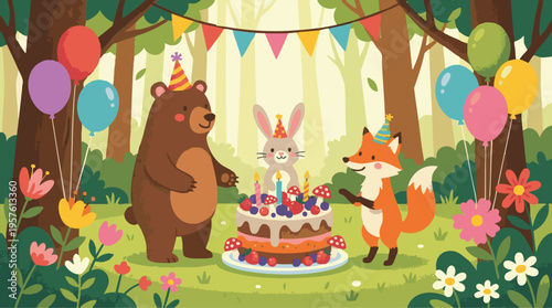 Photography Birthday Woodland Animals Celebrate with Cake and Colorful Balloons