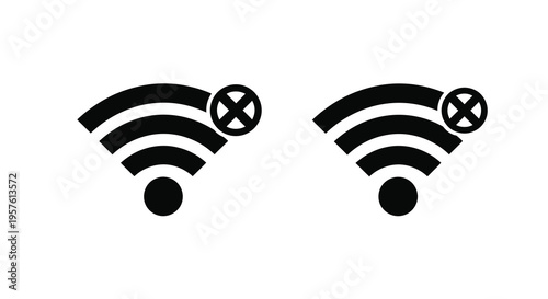 Two black wifi signal icons with a crossed out circle silhouette