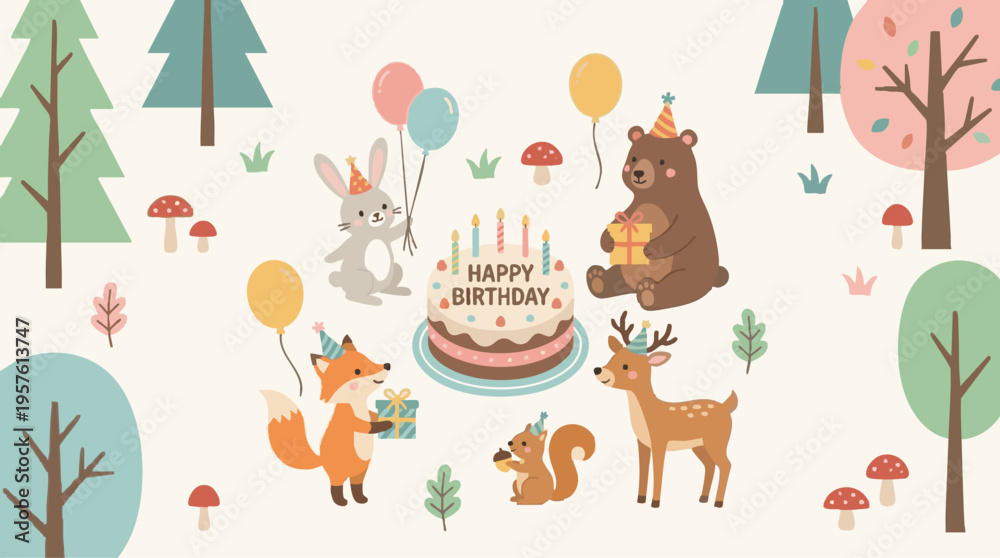 Naklejka premium Woodland Animals Celebrate Birthday with Cake Gifts and Balloons