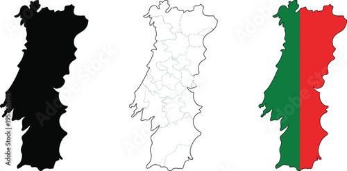 Portugal map collection with silhouette, regional divisions, and national flag colors, representing geography, travel destination, tourism concept, cultural identity, and cartographic illustration 