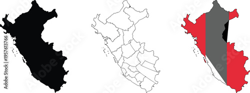 Peru map collection with silhouette, administrative divisions, and national flag colors, representing geography, travel destination, tourism concept, cultural identity, and cartographic 