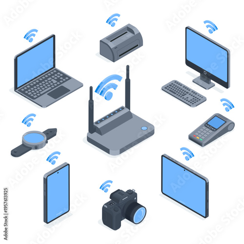 Isometric vector router and set of devices connected via wireless technology, in color on a white background, computer and laptop next to a printer and camera, as well as smartphone and tablet