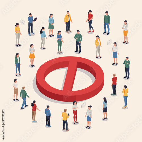 Isometric vector set of people and a prohibition sign, in color on a light background, social restrictions and prohibitions or a ban on the Internet