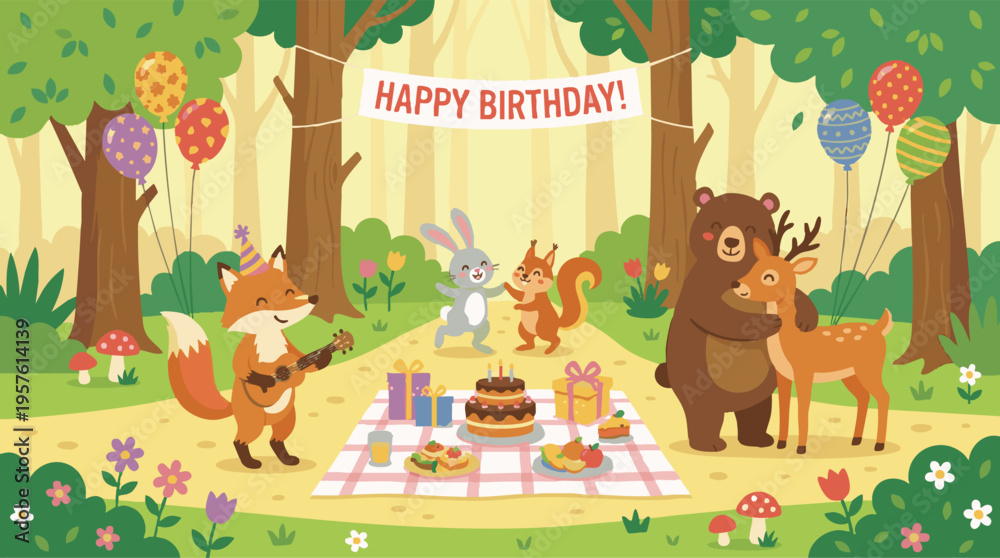 Naklejka premium Animals Celebrating Birthday Party in a Cheerful Forest with Gifts and Cake