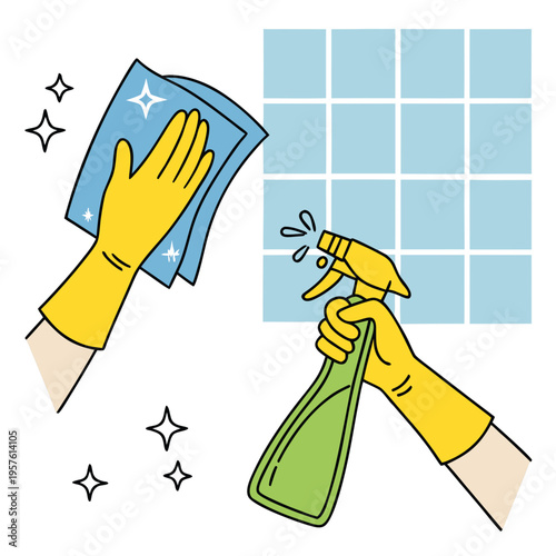 Hands in yellow gloves cleaning tiled wall with spray and cloth vector