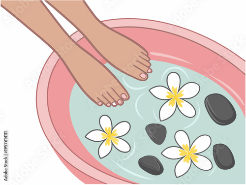 Overhead flat vector of feet soaking in pink basin with frangipani flowers