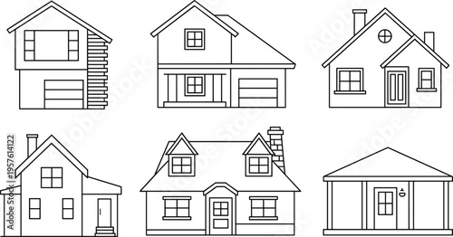 Collection of house line icons featuring various residential building styles, showcasing real estate concepts, modern architecture designs, suburban homes, and property illustration set for housing 