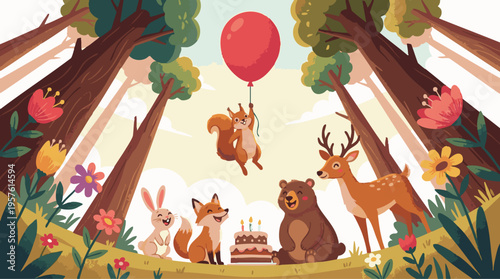 Photography Animals Celebrating a Birthday Party in a Beautiful Whimsical Forest