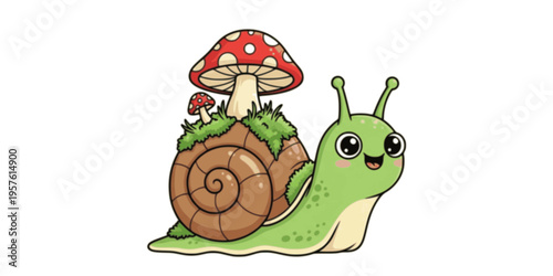 Cute funny snail with mushrooms and moss on shell. Whimsical garden nature. Spring slug, lovely kawaii slime with spiral helix in kids style. Flat vector illustration isolated on white background