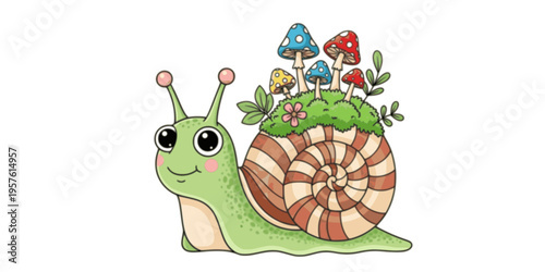 Cute funny snail with mushrooms and moss on shell. Whimsical garden nature. Spring slug, lovely kawaii slime with spiral helix in kids style. Flat vector illustration isolated on white background