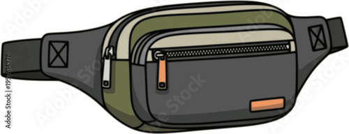 Waist hip bag on belt. Travel carry accessory, hands-free unisex small pouch, pocket with zipper in casual modern style. Flat vector illustration isolated on white background