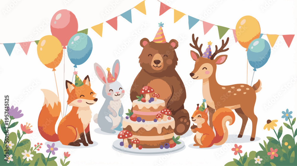 Obraz premium Adorable Woodland Creatures Celebrating a Joyful Birthday Party with Cake Balloons and Bunting